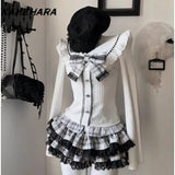 Dodobye E-girl Gothic Uniform Patchwork Lace Bow Tops High Waisted Checkered Cake Skirts Shibuya Street Two-piece Sets Платье