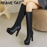 thanksgiving outfit Dodobye Sexy Female Long Boots Patent Leather Round Toe Block High Heel 11.5cm Platform 4.5cm Big Size 50 Dating Booty