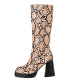 thanksgiving outfit Dodobye Platform Mid-Calf Boots Toe Chunky Heels Snakeskin Leather Big Size 32-48 Blue S2753