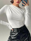 Dodobye-Solid Color Pleating Slim Long Sleeve Tee