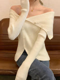 Dodobye-Solid Irregular Lapel Neck Off Shoulder Long Sleeve Knit