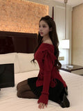 Dodobye Korean Fashion Knitted Sweater Clothing Off Shoulder Casual Slim Bodycon Pullovers Office Lady Elegant Long Sleeve Tops 2025