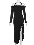 Dodobye-Long-Sleeve Plain Fluffy Trim Ruffle Slit Midi Dress