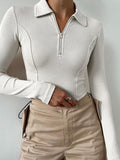 Dodobye-Solid Color Splice Zipper Lapel Neck Long Sleeve Knit