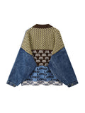 Dodobye Vintage Knitted Cardigan Sweater Women Patchwork Denim Coat V Neck Long Sleeve Knitwear Casual Loose Outwear Female Tops