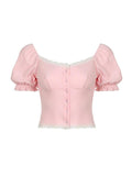 Dodobye Puff Sleeve Pink Slim Short Sleeve Knits