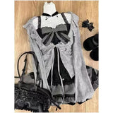 Dodobye Women Sweet Lolita Lace Up Ruffles Cardigan Sexy Slim Fit Strapless Vest High Waist Ruched Skirts Early Autumn Three Piece Sets