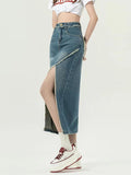 Dodobye Women's Blue A-line Denim Skirt with Slit Vintage Aesthetic Y2k Jean Skirt Harajuku Korean Long Cowboy Skirts 2000s Clothes 2025