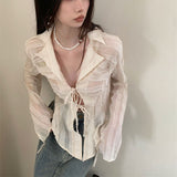 Dodobye Sexy Lace Up Women Blouse Long Sleeve Spring New Turn-Down Collar Shirt White Y2K Korean Fashion Ladies Tops