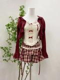 Dodobye Japanese Sweet 3 Piece Set Outfits Women Causal Short Cardigan + Cute Lace Floral Bow Vest + Kawaii Plaid Mini Skirt 2025 Summer