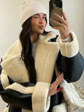 christmas outfit Dodobye Women's Chic Contrast Spliced Lamb Wool Long Jackets Fashion Belted Thicken Warm Lapel Full Sleeved Coat Female Loose Streetwear