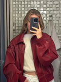 christmas outfit Dodobye 2025 Autumn Women's Zipper Leather Bomber Jackets Casual Striped Coats Chic Lapel Loose Long Sleeve Motorcycle Outwear Top