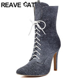 thanksgiving outfit Dodobye Design Sexy Women Ankle Boots Pointed Toe 11cm Stiletto Lace Up  46 47 48 Party Female Bota