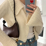 Black Friday Dodobye Chic Knitted Lapel Pearl Cardigan Women Loose Solid Single-Breasted Short Sweaters Female Autumn Elegant Street Daily Knitwear