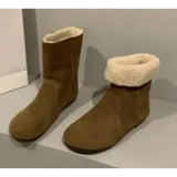 Dodobye Multi Colored Womens Flat Bottomed Low Heeled Short Boots with Round Toe Sleeve Anti Slip Warm Winter Suede Casual Snow Boots