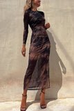 Dodobye-Stylish tie-dye mesh overlay printed long-sleeve ruffled stretch maxi dress