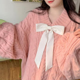 Black Friday Dodobye Bow Tie V-Neck Sweater Women Twist Loose Lazy Pink Lantern Sleeve Knitted Pullover Solid Fashion Pretty Style Female  Jumpers