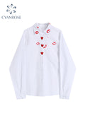 Dodobye 2025 Early Autumn Ladies New Style Lip Print Heart Print Shirt Women Fashion Loose White Long Sleeved Temperament Button Blusas