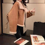 thanksgiving outfit Dodobye Jin Qian 2024 New Autumn Chamois Leather Motorcycle Jacket Lose-Fit Lapel Splicing Thickened Fur Integrated Short Jacket For Wom