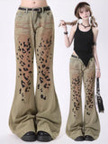 Dodobye Women's Light Brown Y2k Leopard Flare Jeans Harajuku Japanese 2000s Style Baggy Denim Trousers Vintage Jean Pants Trashy Clothes