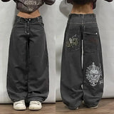 Dodobye 90s Streetwear Y2K Light Colored Flowers Trousers Mens Womens Hand Painted Literary Retro Casual Mid Waist Street Hip Hop Wide Leg Washed Jeans