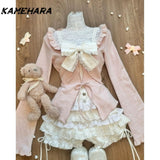 Dodobye Autumn Kawaii Sweet Bow 3-piece Set Women Fashion Cute Long Sleeve Slim Cardigan Solid Sling Thin High Waist Lace Skirt