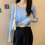 Black Friday Dodobye Autumn Slim Knitted Crop Sweaters Women Fashion Solid Long Sleeve Square Collar Pullovers Korean All Match Chic Casual Sweaters