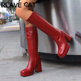 thanksgiving outfit Dodobye Women Knee High Boots Toe Block Heels 10cm Platform 2.5cm Big Size 43 Concise Female Bota