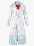 christmas outfit Dodobye Spring Long Shiny Reflective Holographic Silver Faux Leather Trench Coat for Women with Hood Zip Up Y2K Streetwear