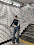 Dodobye 90s Streetwear New Retro Ripped Jeans for Women Tie Dye Letter Print Women Jeans Y2k Pants Hip Hop High Waist Baggy Jeans Women Streetwear