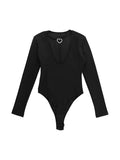 Dodobye-Solid Plunge Heart Buckle Decor Long Sleeve Bodysuit