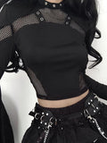 Dodobye-Long Sleeve Mesh Panel Plain Crop Top