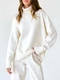 christmas outfit Dodobye High-Low Long Sleeves Solid Color Split-Joint High Neck Sweater Tops