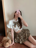 Dodobye 2025 Casual Preppy 2 Piece Set Women French Bow Polo-neck White Blouse + Retro Plaid Design A-line Mini Skirts Japanese Style