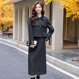 thanksgiving outfit Dodobye Fashionable Casual Suit Autumn/Winter New PU Leather Patchwork Tweed Style Down Jacket Half Skirt 2-Piece Set Skirt YJ6816