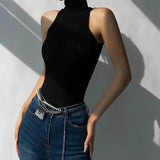 Dodobye Sexy Off Shoulder Turtleneck Rib Tank Top Slim Worn Outside Sleeveless Pullover Summer Versatile Elastic Knit Bottom Shirt