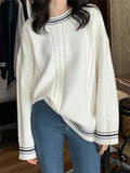 Dodobye-Striped Trim Cable Knit Pullover Sweater