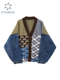 Dodobye Vintage Knitted Cardigan Sweater Women Patchwork Denim Coat V Neck Long Sleeve Knitwear Casual Loose Outwear Female Tops