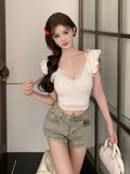 Dodobye Summer Woman Sexy Lace Y2k Blouse Short Sleeve Pure Color Tops Basic Casual Outwear Tees Korean Fashion Clothing Female Chic