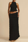 Dodobye-Versatility and Vintage Charm Pleated Drawstring Waist Tiered Maxi Skirt