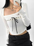 Dodobye-Long Sleeve Square-Neck Lace Panel Bow Accent Plain Crop Top