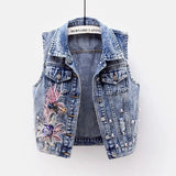 Dodobye 2025 Denim Women Vest Pearl Fashion Ripped Autumn Jeans Jacket Sleeveless Loose Short Coat Streetwear Beaded Flower Denim Vest