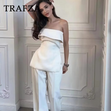 thanksgiving outfit Dodobye 2024 Spring Summer Women Elegant Solid Suit Fashion Casual Strapless Sleeveless Slim Short Tops+High Waist Zipper Pants