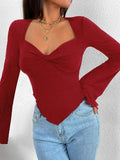 Dodobye-Solid V Neck Ruched Irregular Hem Knit Long Sleeve Tee