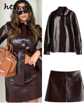 Dodobye Fashion Short Leather Jacket Skirt Set Women O-neck Single Breasted Jackets Sexy Mini Skirts 2024 Autumn Lady Locomotive Outfits