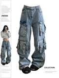 Dodobye Women's Blue Baggy Cargo Jeans Korean Y2k Harajuku High Waist Denim Trouser 2000s 90s Aesthetic Wide Jean Pants Vintage Clothes