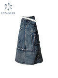 Dodobye Women Blue A-line Denim Cargo Skirt Y2k Long Cowboy Skirts 90s Aesthetic Harajuku Korean Emo Jeans Skirt 2000s Vintage Clothes