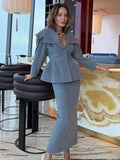 christmas outfit Dodobye New Elegant Grey Women's Woolen Skirt 2 Piece Set Fashion Lapel Single Breasted Slim Blazer Jacket Suit Chic Lady Commute Outfit