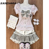 Dodobye Sweet and Spicy College Department Soft Girl Fake Two Pink Purple Checkered Top Grey High Waist Half Skirt 2 Piece Sets