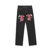 Dodobye Y2k Pants Dark Bat Print Woman Jeans High Street Vintage Streetwear Face  Print High Waisted Jeans Loose Straight Woman Jeans